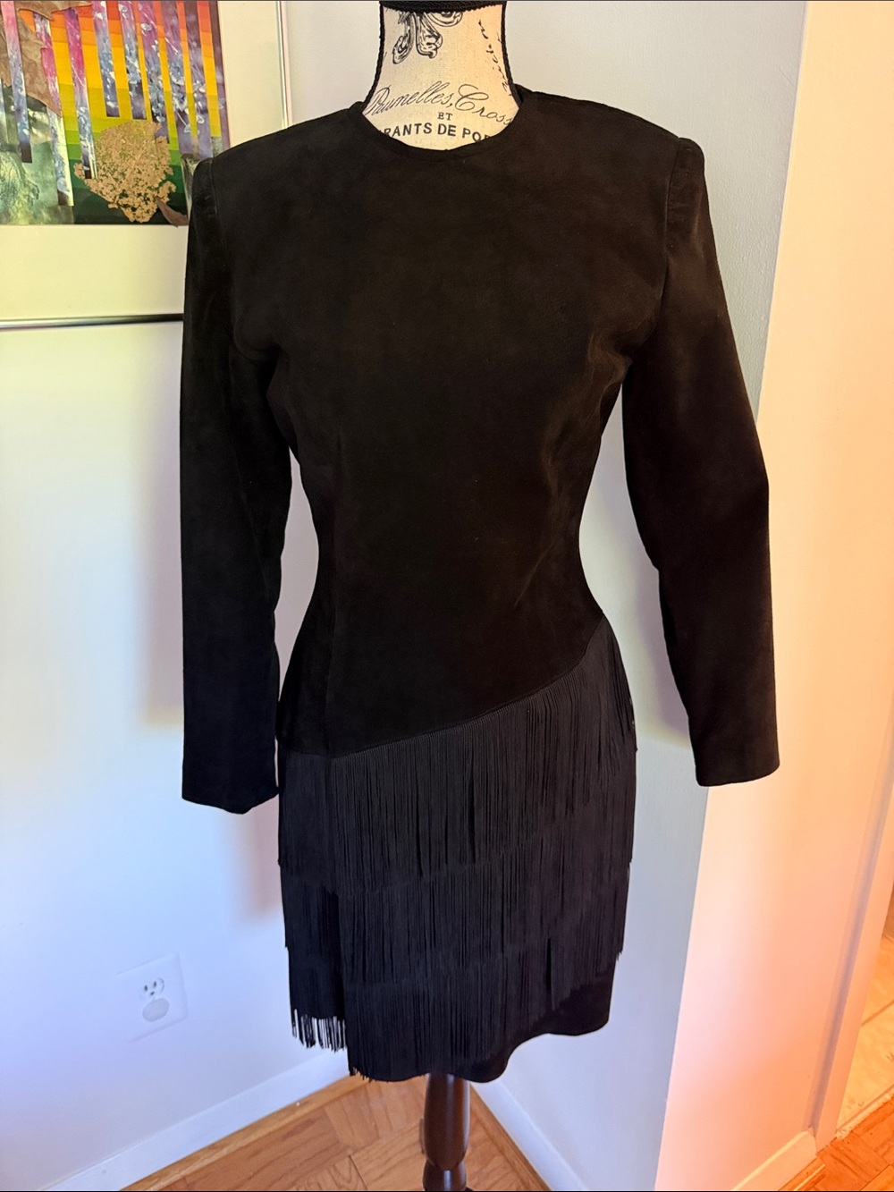 Black Long-Sleeve Suede Fringe Dress